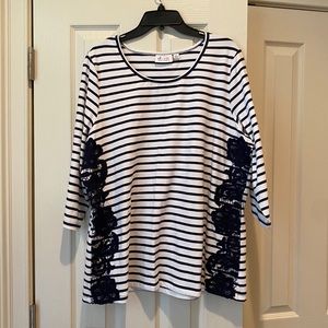 Denim & Co Navy stripe shirt with crochet detail